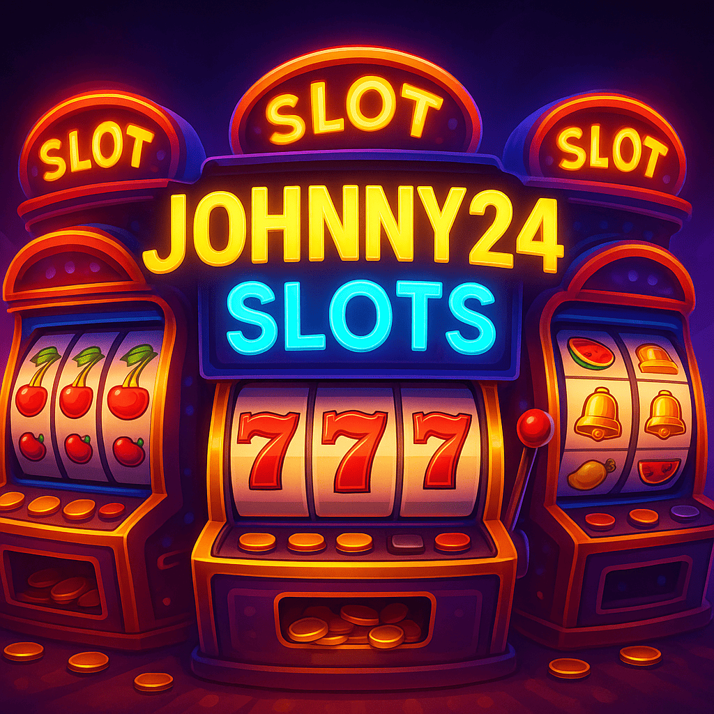 Игровые автоматы Johnny24 с неоновыми огнями, фруктовыми символами и надписью Johnny24 Slots